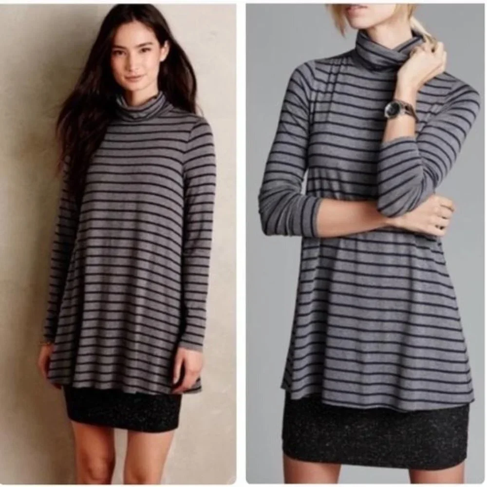 Anthropologie Bailey 44 Navy & Gray Striped Turtleneck Layered Dress - Picture 2 of 8